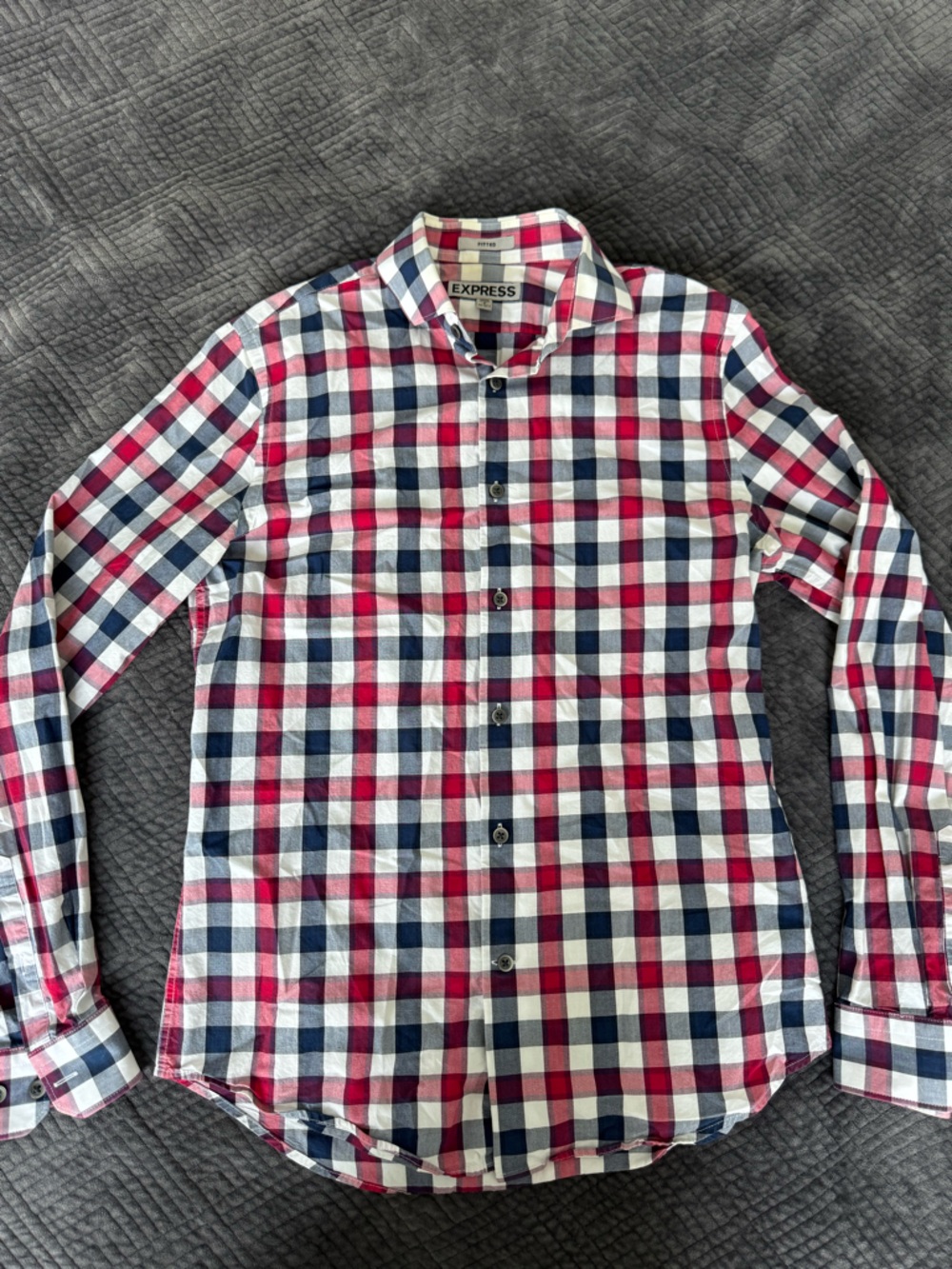 Express Mens’ Fitted Red White Navy Plaid Button-Down Shirt